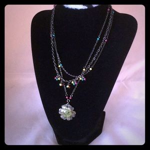 🐞 18" Triple Dangle Green Flower Necklace